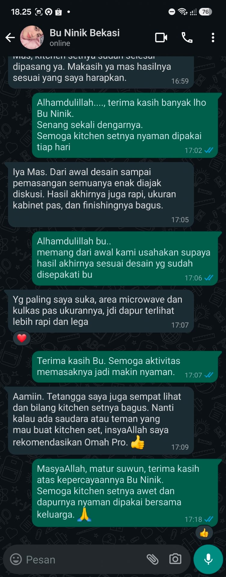 Percakapan WhatsApp testimoni Bu Ninik setelah pemasangan kitchen set Omah Pro di Bekasi