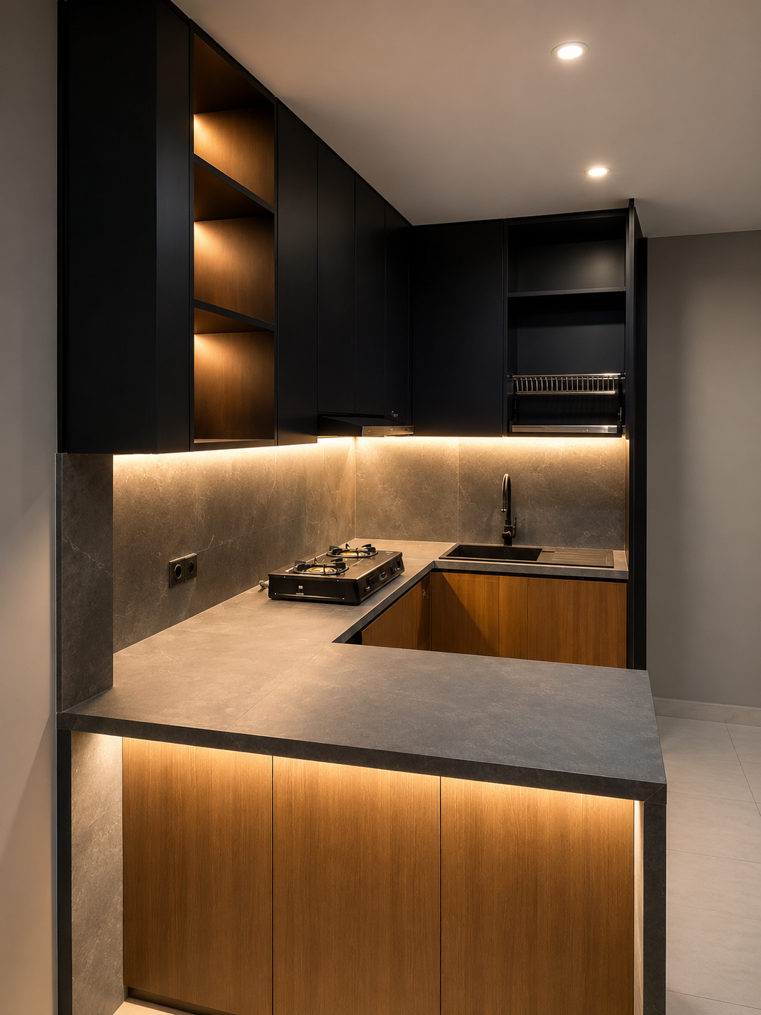 Kitchen Set Modern Industrial — HPL matte black dengan aksen kayu natural, mini bar, dan ambient LED di Bekasi